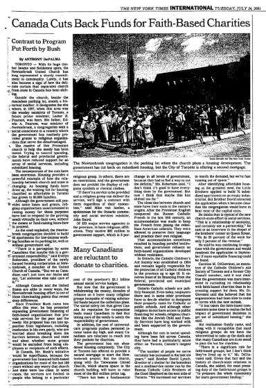 New York Times article, "Canada Cuts Back Funds for Faith-Based Charities", July 26, 2023